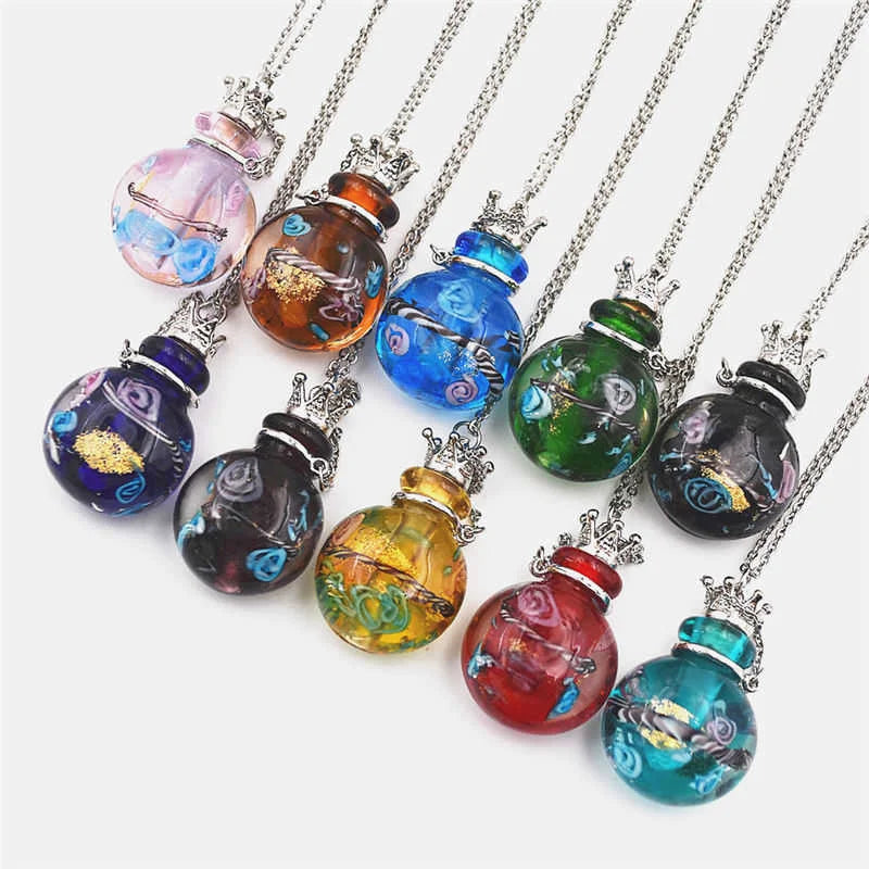 SNASAN 1PC Round Diffuser Perfume Pendant Necklace Refillable Handmade Essential Oil Aromatherapy Colored Glaze Bottle Nedcklace