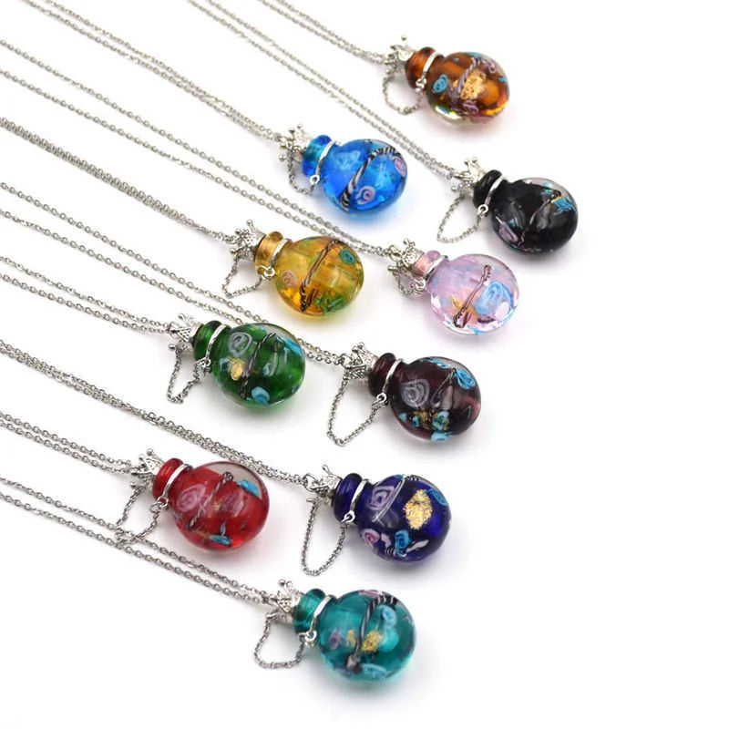SNASAN 1PC Round Diffuser Perfume Pendant Necklace Refillable Handmade Essential Oil Aromatherapy Colored Glaze Bottle Nedcklace