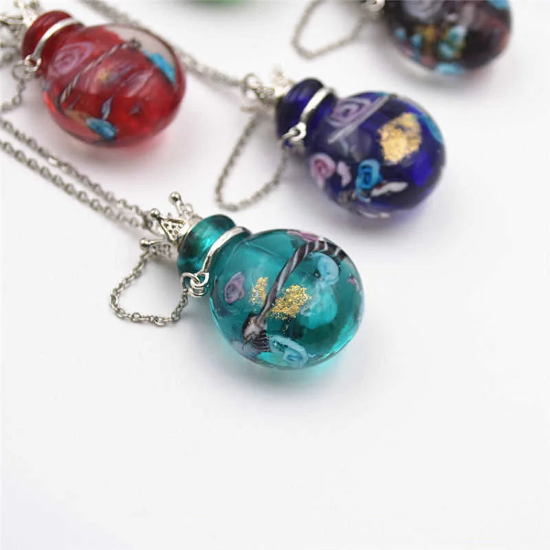 SNASAN 1PC Round Diffuser Perfume Pendant Necklace Refillable Handmade Essential Oil Aromatherapy Colored Glaze Bottle Nedcklace
