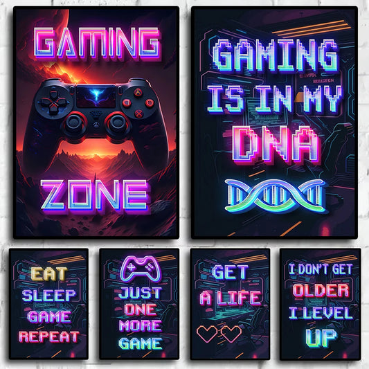 Neon Gaming Poster 'Eat Sleep Game Repeat' Canvas Wall Art Modern Gamer Logic Decor for Boys Room Unframed Home Decor