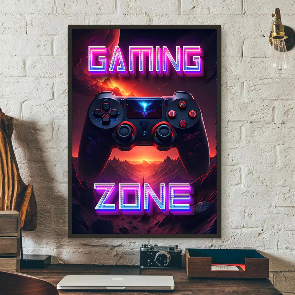 Neon Gaming Poster 'Eat Sleep Game Repeat' Canvas Wall Art Modern Gamer Logic Decor for Boys Room Unframed Home Decor