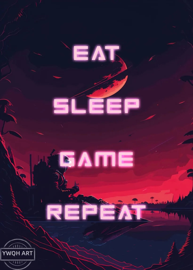 Neon Gaming Poster 'Eat Sleep Game Repeat' Canvas Wall Art Modern Gamer Logic Decor for Boys Room Unframed Home Decor