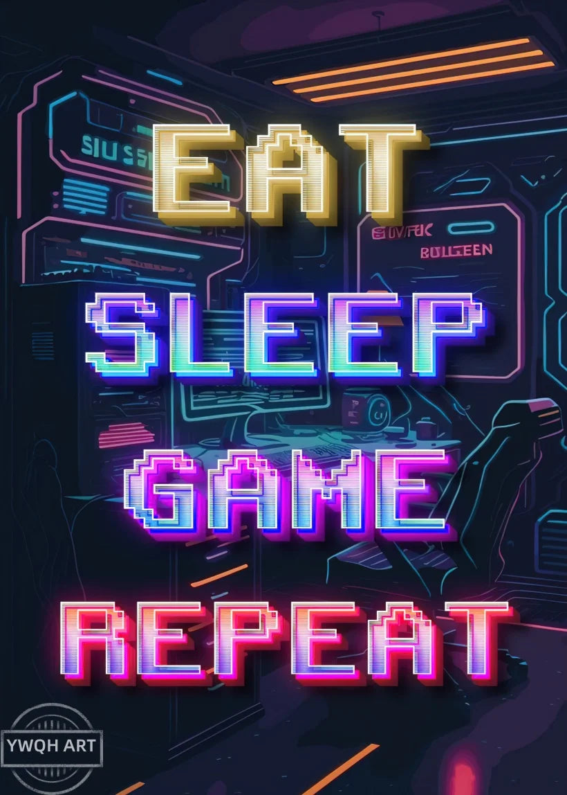 Neon Gaming Poster 'Eat Sleep Game Repeat' Canvas Wall Art Modern Gamer Logic Decor for Boys Room Unframed Home Decor