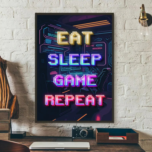 Neon Gaming Poster 'Eat Sleep Game Repeat' Canvas Wall Art Modern Gamer Logic Decor for Boys Room Unframed Home Decor
