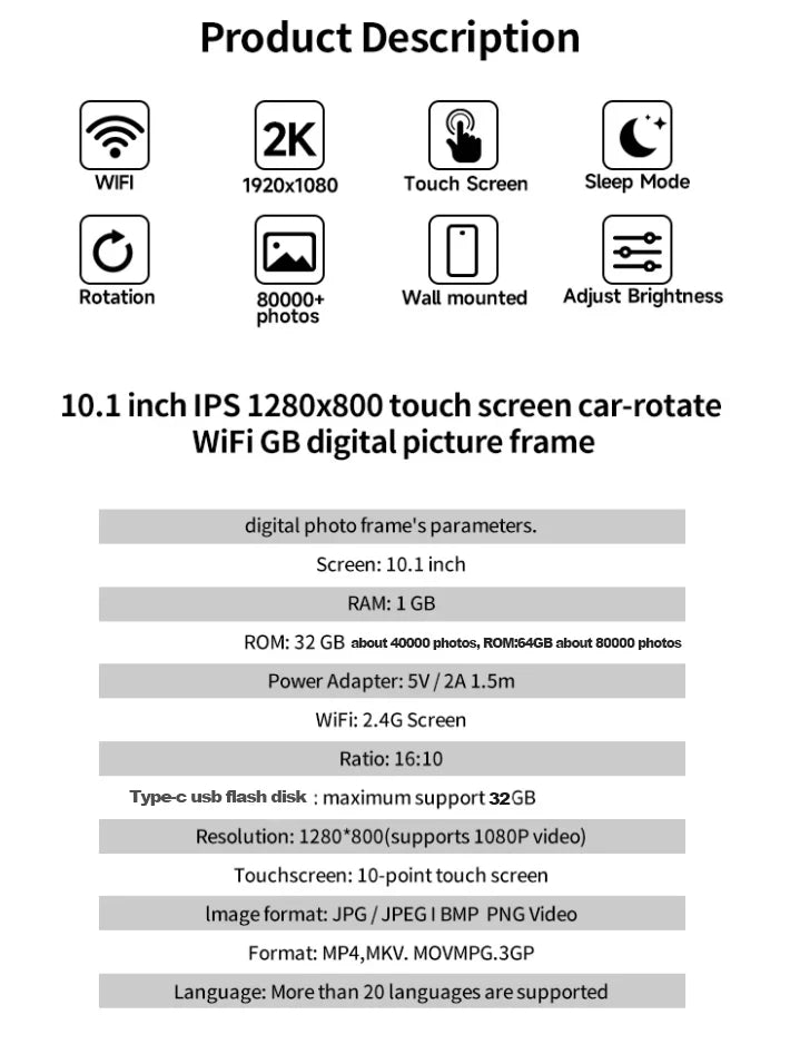 Frameo Digital Picture Frame 10.1 Inch 32GB/64GB Smart WiFi digital photo frame with 1280x800 IPS HD Touch Screen Wall Mountable