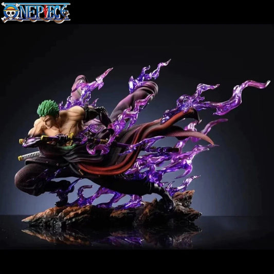 Action figure with purple energy effect on a branded backdrop